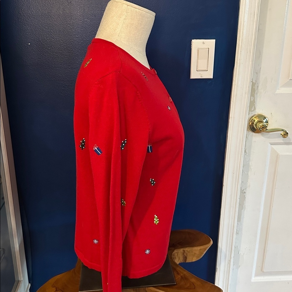 Vintage Christopher Banks Red Christmas Present Cardigan Cotton Sweater Size M - Picture 6 of 8